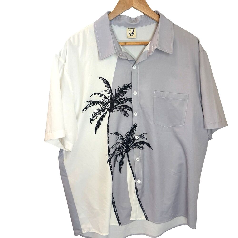 Hardaddy Shirt Men's Large Gray White Tropical Palm Tree Short Sleeve Button Up